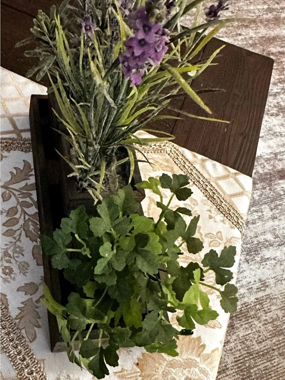 Rustic Wood Tray with Three Potted Green and Purple Faux Plants